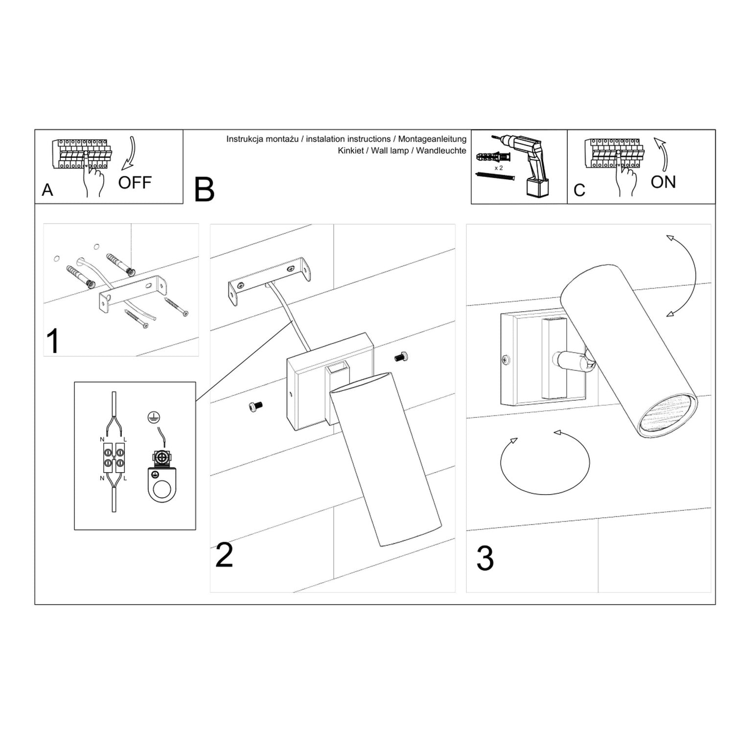 Schéma de montage de l'applique Direzione acier blanc