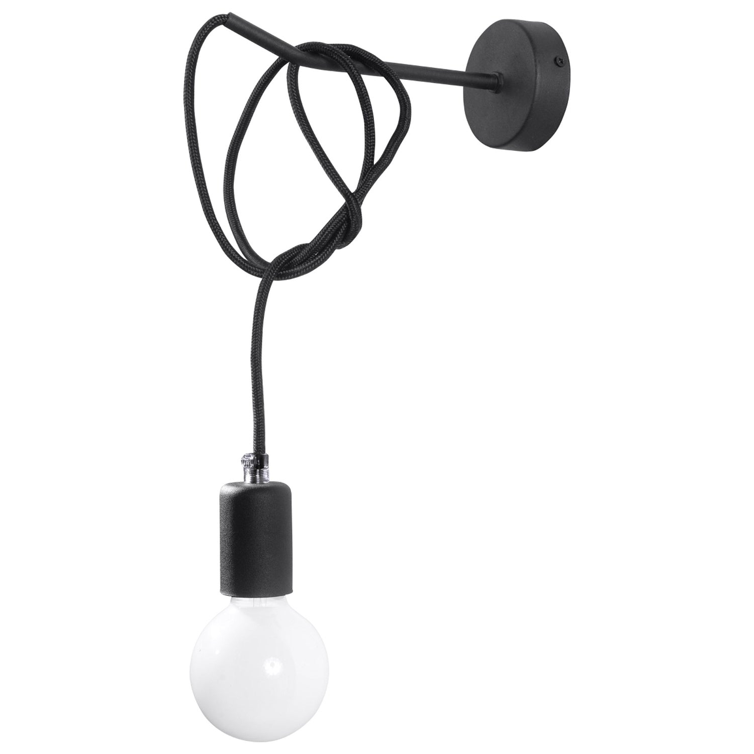 Applique Edison noire, câble textile drapé et ampoule E27 apparente