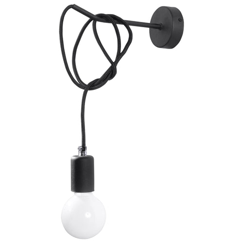 Applique Edison noire, câble textile drapé et ampoule E27 apparente