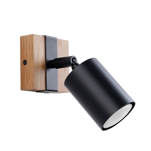 Applique Fager bois et acier noir GU10, spot cylindrique noir orientable sur embase carrée en bois de chêne