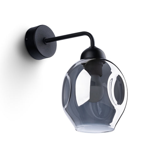 Applique Fillan verre fumé E27, globe ovoïde de verre fumé sur bras d'acier noir, ampoule E27 apparente