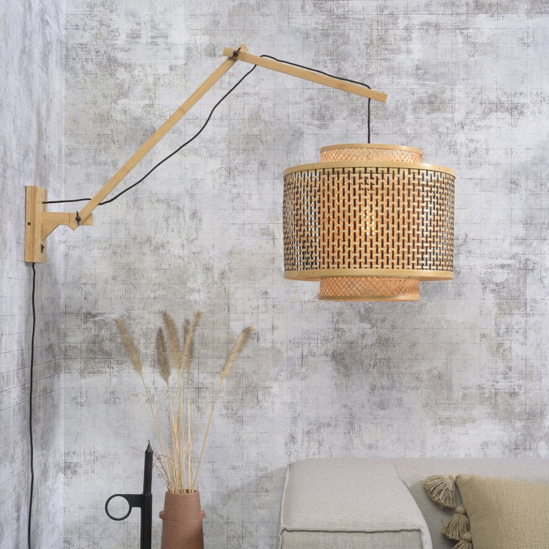 Dimensions Wandleeslamp Bhutan bamboe natuurlijk lange arm trommel 40 cm E27