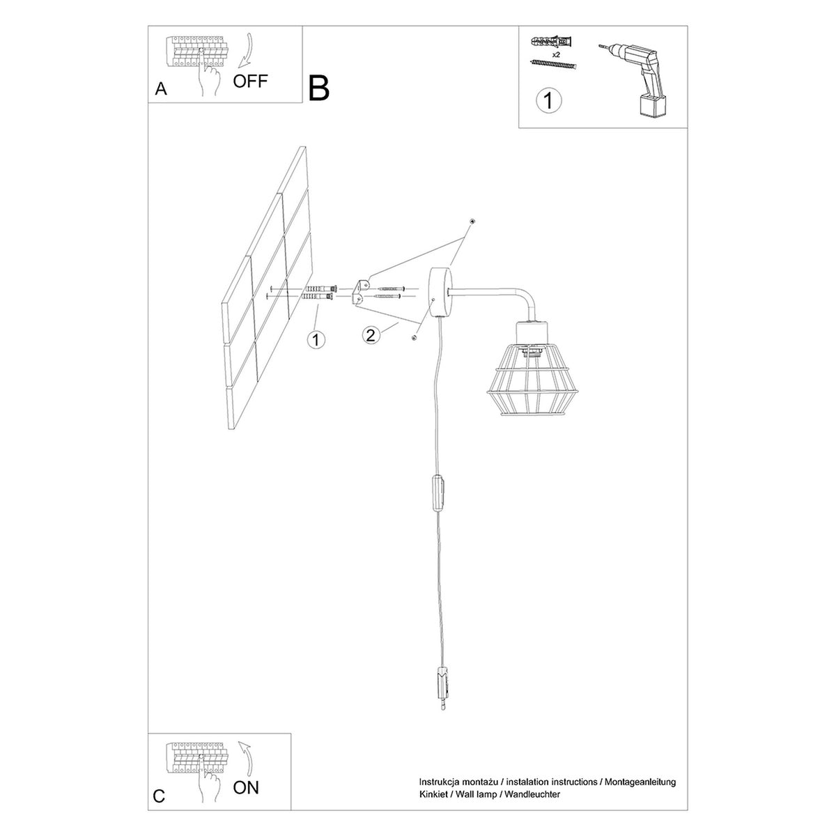 Schéma de montage de l'applique Suba fixation de la patte au mur et cordon à interrupteur et fiche