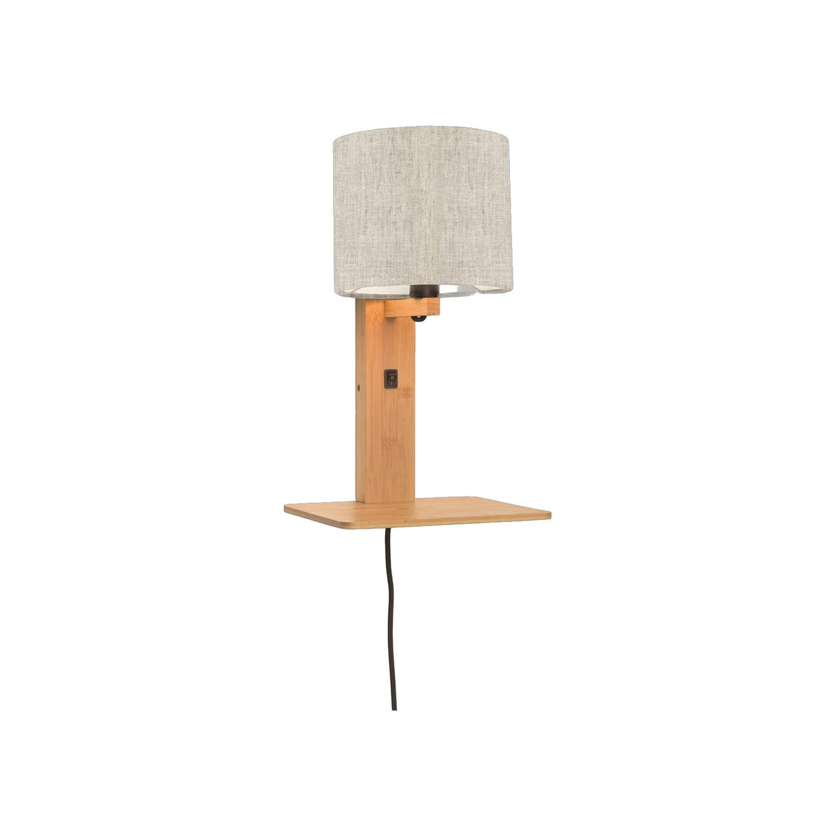 Applique murale Andes Bambou naturel à abat-jour Lin naturel clair sur fond blanc avec sa tablette et son câble textile