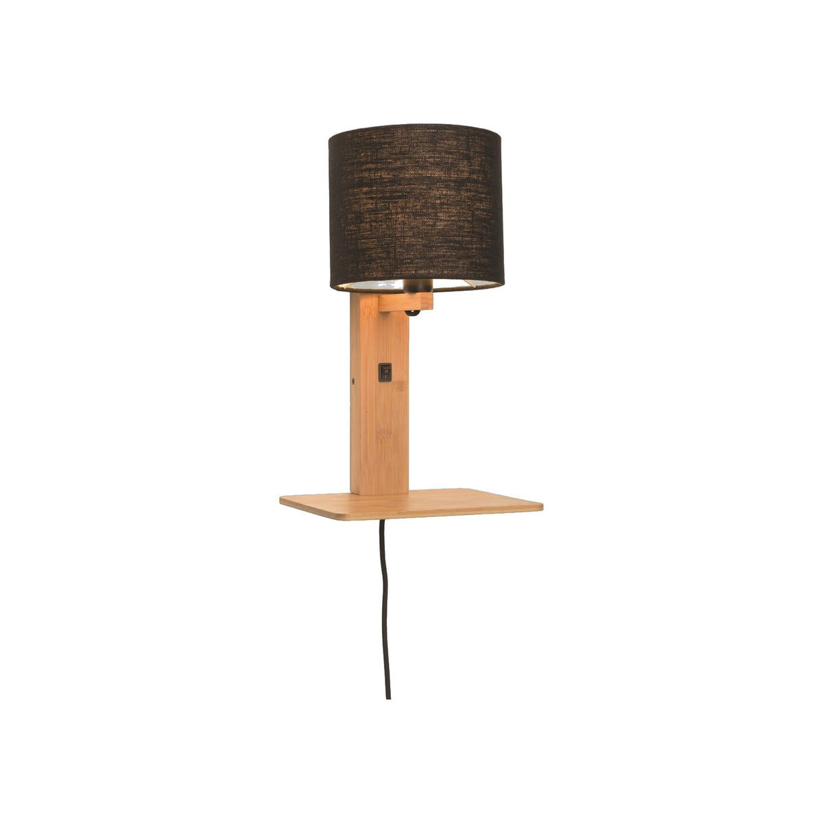 Applique murale Andes Bambou naturel à abat-jour Lin noir sur fond blanc avec sa tablette et son câble textile