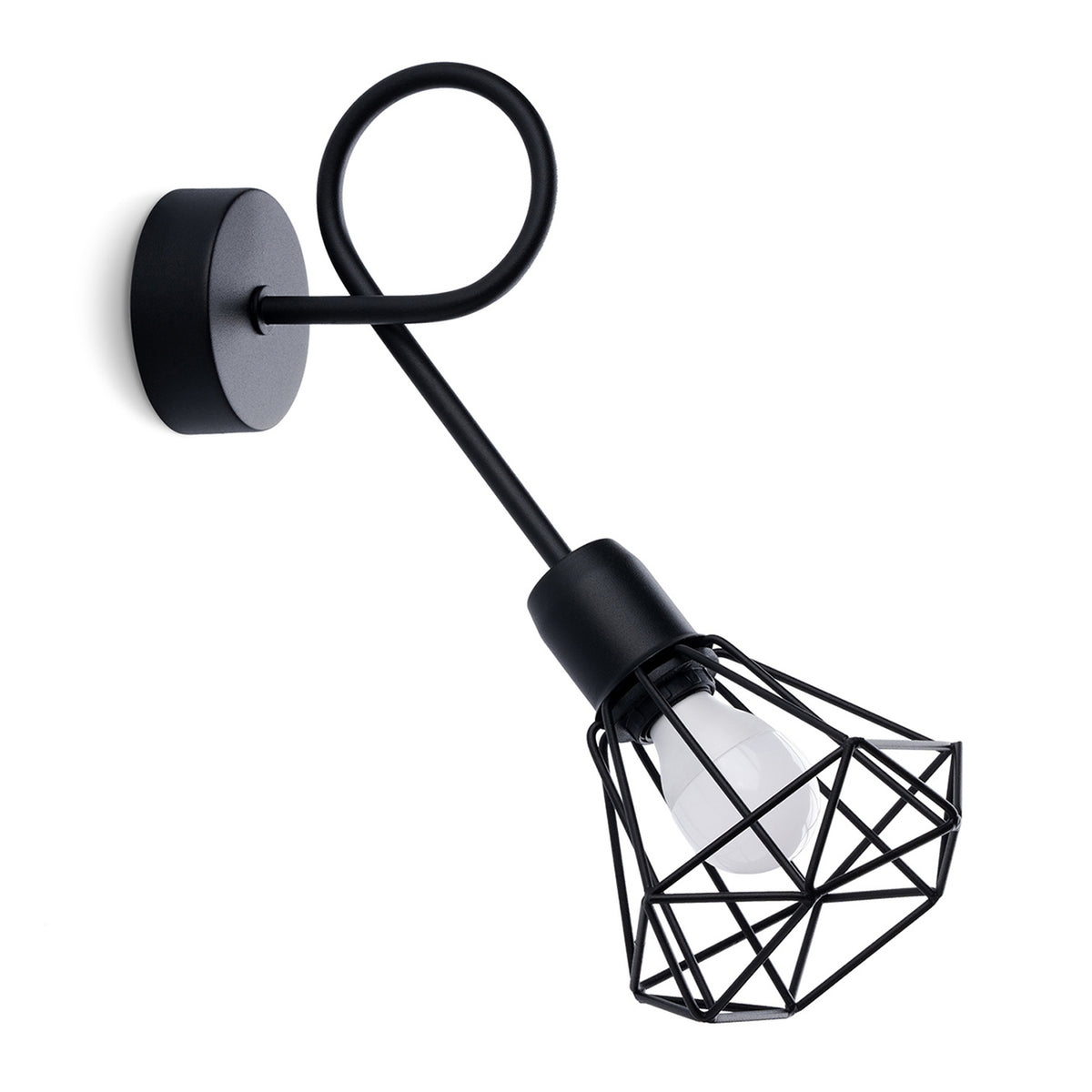Applique murale Artemis en acier noir vue de trois quarts avec son bras en boucle et sa cage filaire autour de l'ampoule