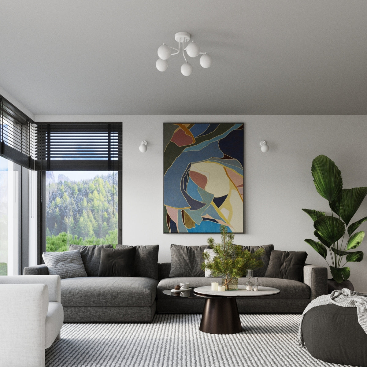 Deux appliques murales Astral métal blanc de part et d'autre d'un tableau au-dessus d'un canapé dans un salon