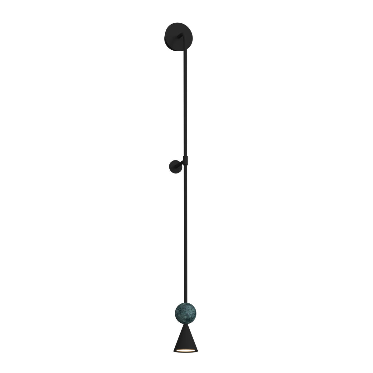 Applique murale Bingo malachite noire 113 cm longue tige noire fixée au mur avec sphère verte et cône allumé
