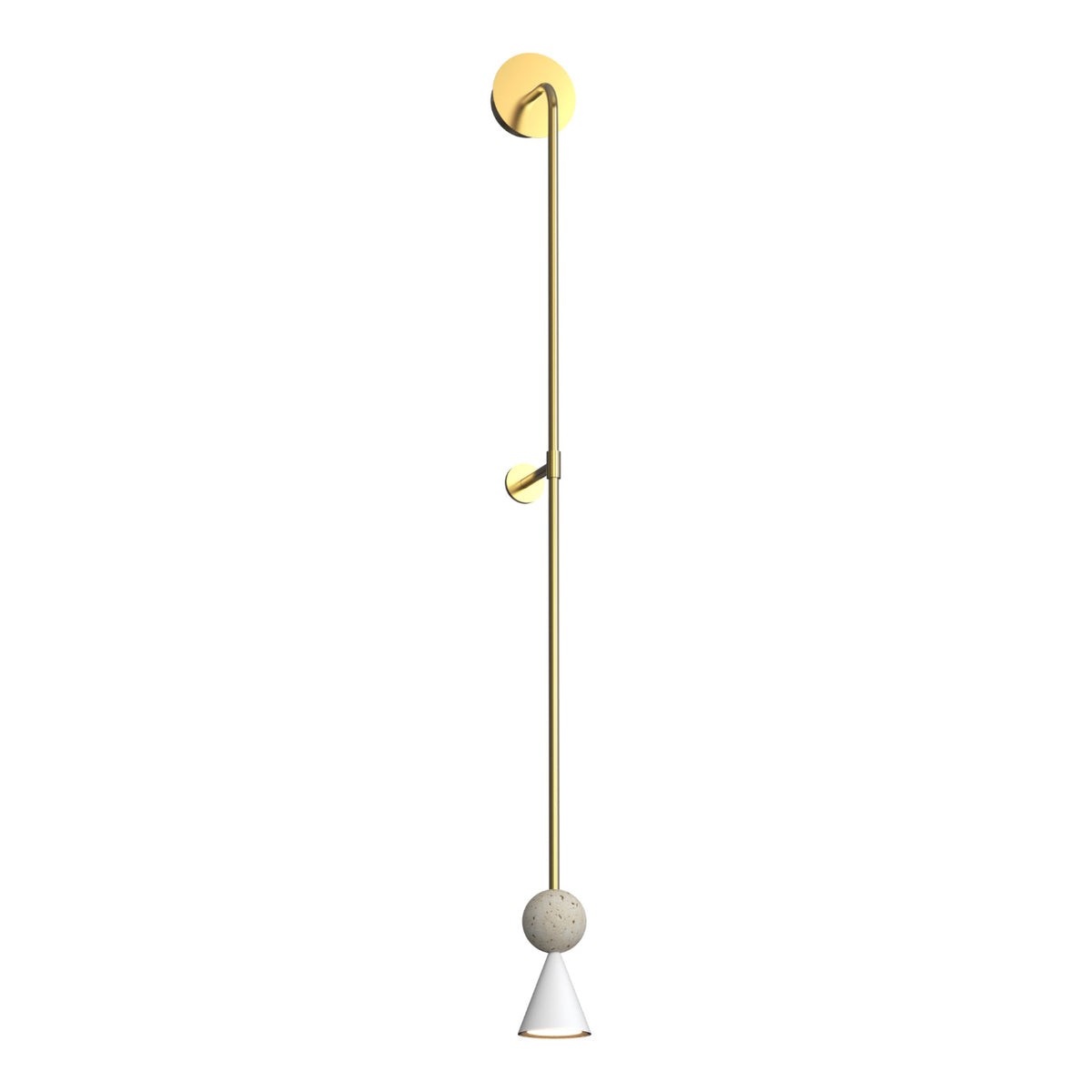 Applique murale Bingo travertin dorée 113 cm tige et platines dorées avec sphère beige et cône blanc