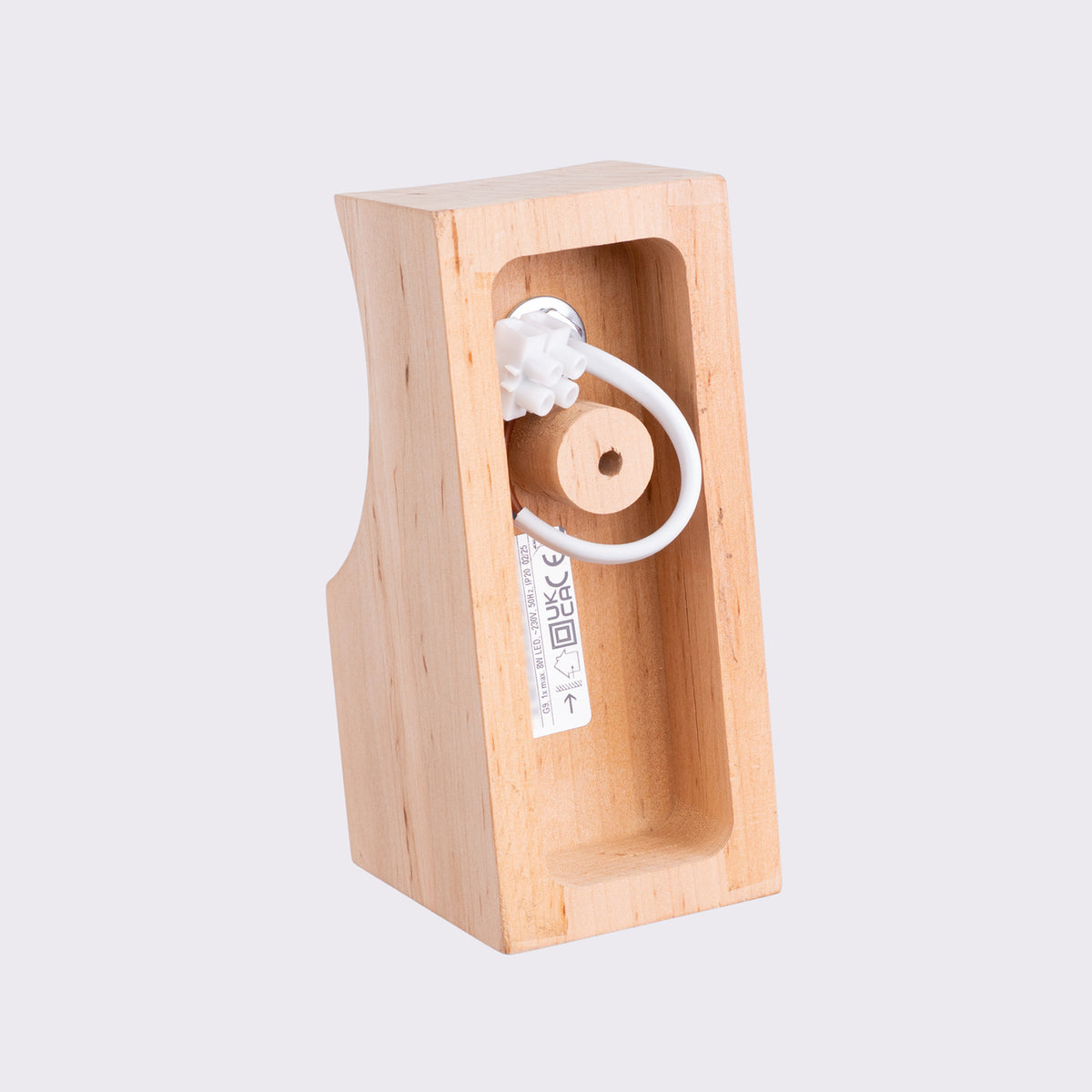 Dos du bloc de bois de l'applique Bulbo avec son bornier et sa plaque signalétique