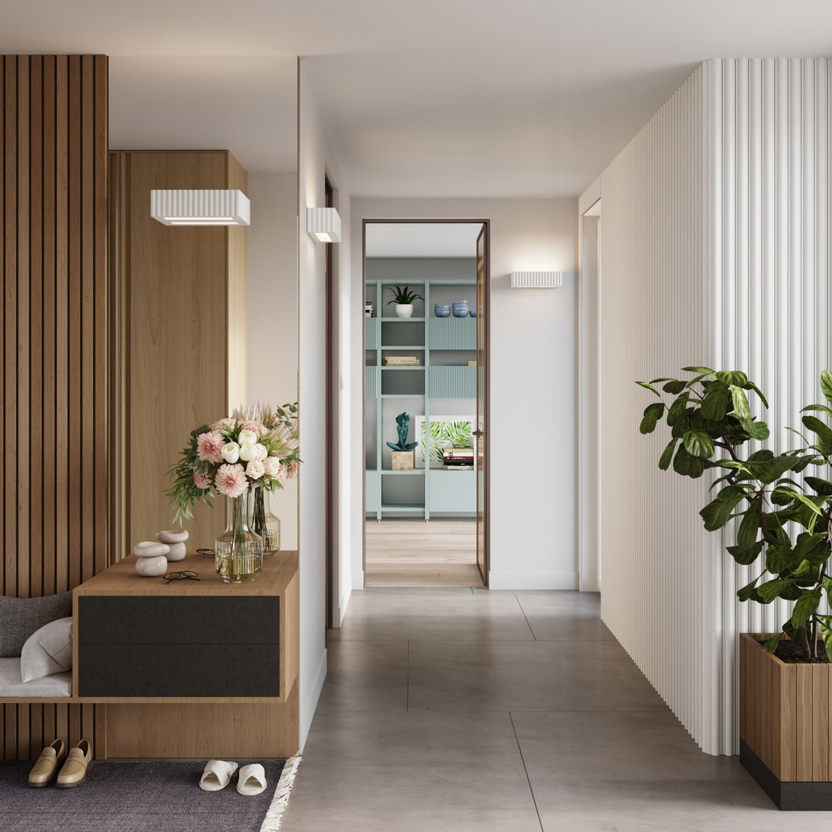 Applique Rigata en céramique blanche allumée au mur d'un couloir avec d'autres luminaires cannelés
