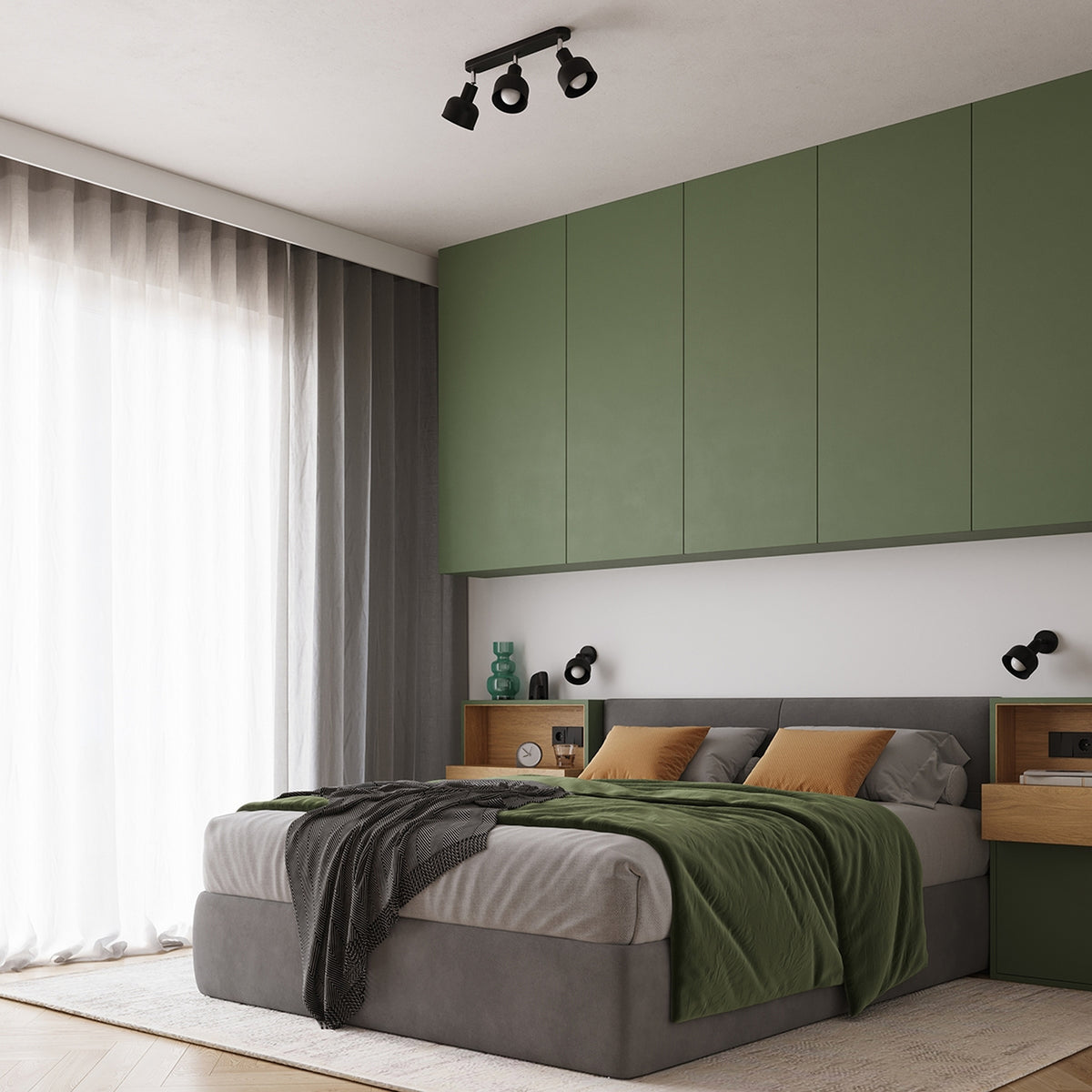 Chambre avec deux appliques murales Elba métal noir au-dessus de la tête de lit