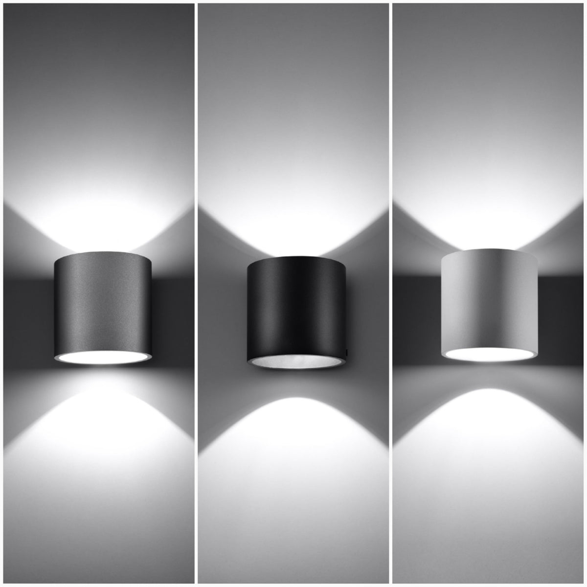 Trois appliques Orbis allumées côte à côte en gris en noir et en blanc