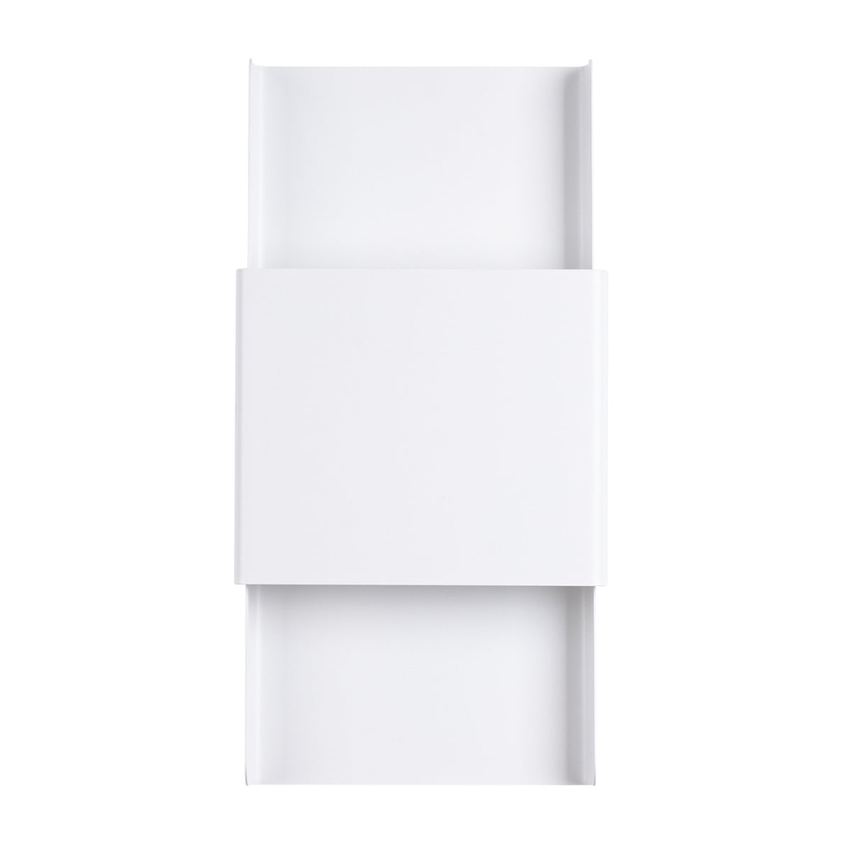 Applique murale Durlin en acier blanc vue de face avec son bandeau central et sa plaque aux bords repliés