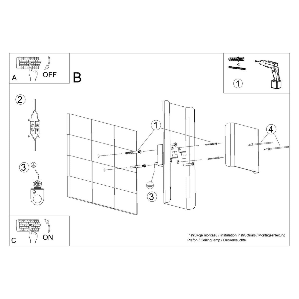 Schéma de montage de l'applique murale Durlin avec fixation au mur raccordement et pose du bandeau