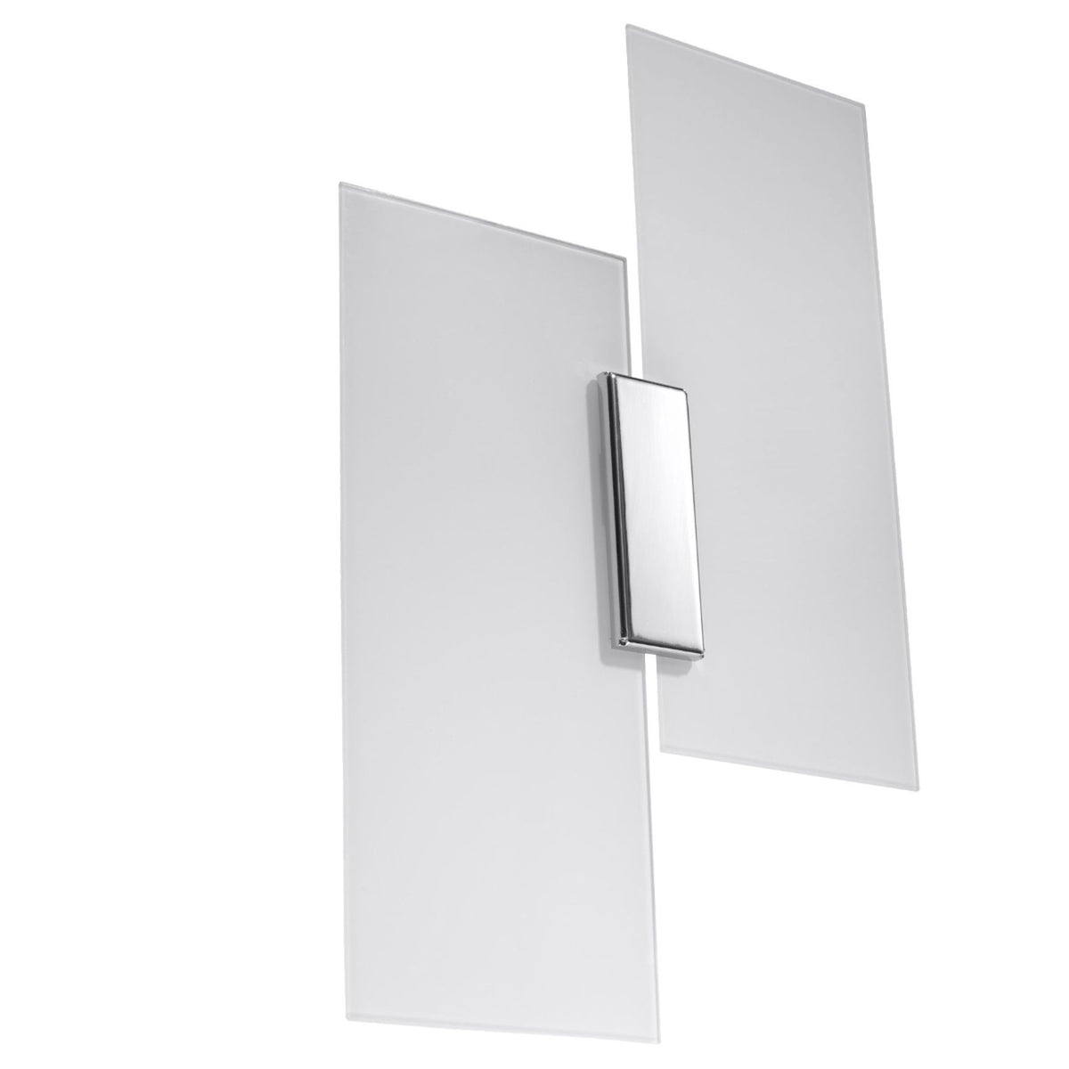 Applique murale Fabiano deux panneaux de verre blanc satiné décalés et plaque en acier chromé