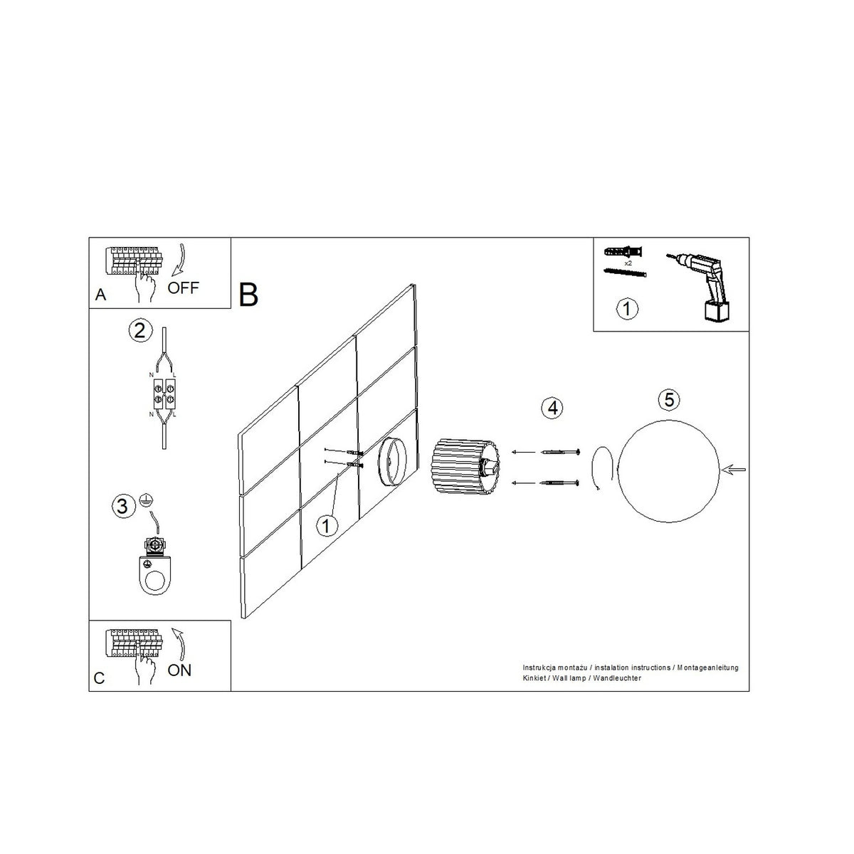 Schéma de montage de l'applique murale Halo avec platine murale raccordement et boule vissée