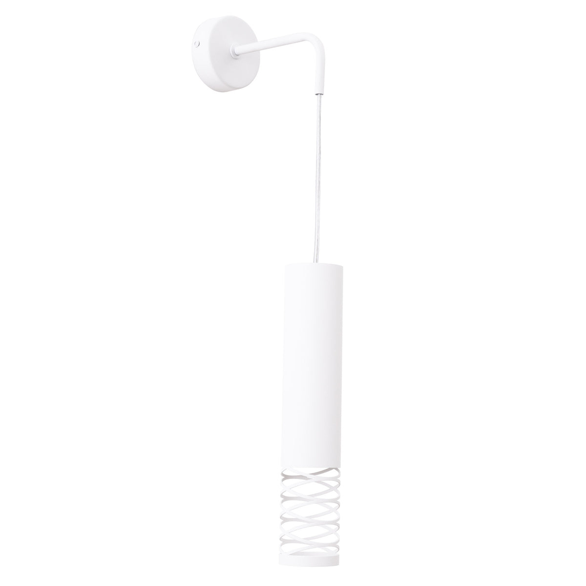 Applique murale Lami en acier blanc vue d'ensemble avec sa platine ronde son bras coudé et son tube ajouré suspendu au câble