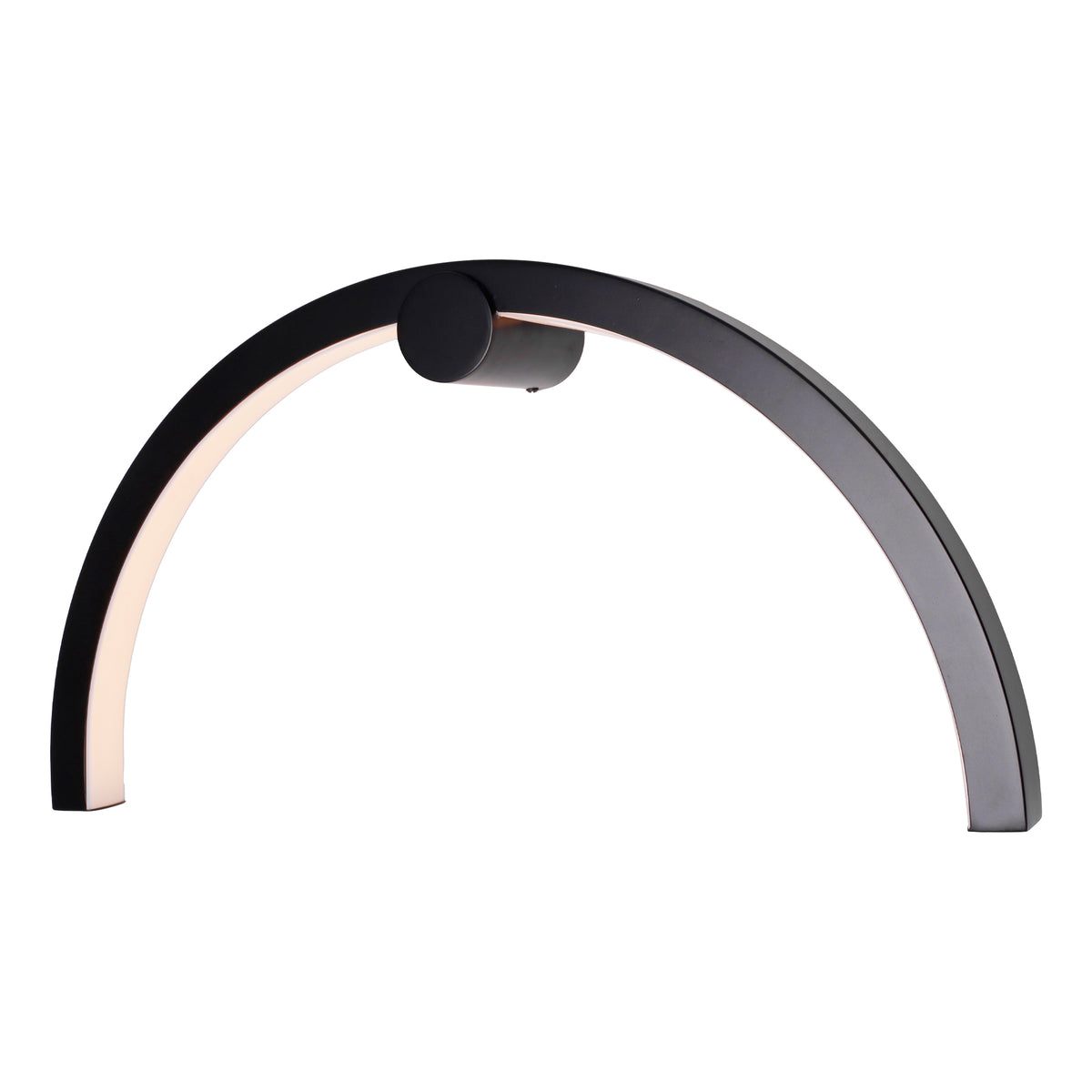 Applique murale Trio Arc métal noir vue de trois quarts face intérieure lumineuse et plot cylindrique