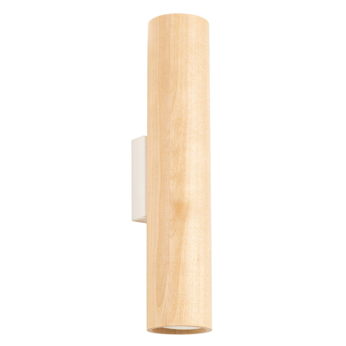 Applique Lino tube en bois clair et platine murale blanche vue de trois quarts