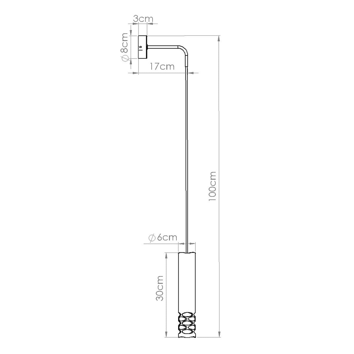 Schéma coté de l'applique murale Liro hauteur 100 cm déport 17 cm tube 30 cm platine 8 cm
