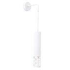 Applique murale Liro en acier blanc avec bras coudé câble transparent et tube ajouré d'ovales sur fond blanc