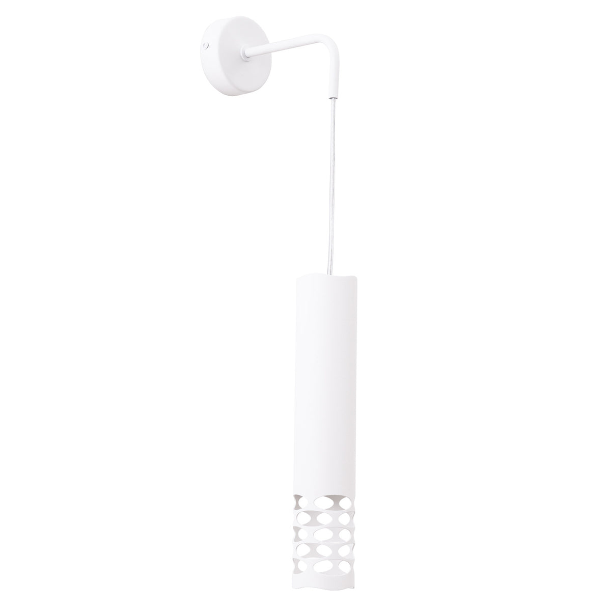 Applique murale Liro en acier blanc avec bras coudé câble transparent et tube ajouré d'ovales sur fond blanc