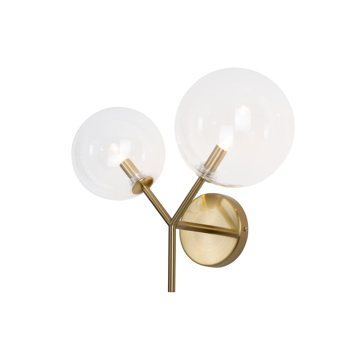 Applique murale Lollipop métal couleur laiton à deux globes de verre transparent sur tiges en Y et platine ronde