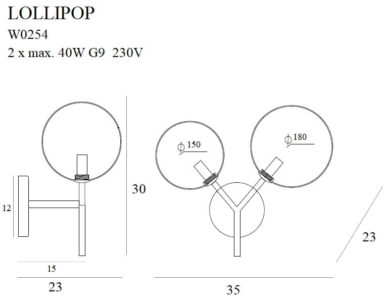 Dimensions Lollipop brass G9 wall light