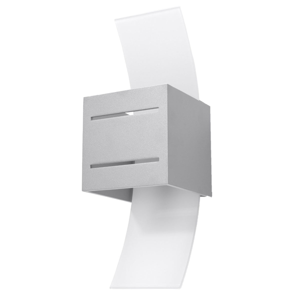 Applique murale Loreto métal gris vue de trois quarts bloc en aluminium traversé d'un verre bombé laiteux