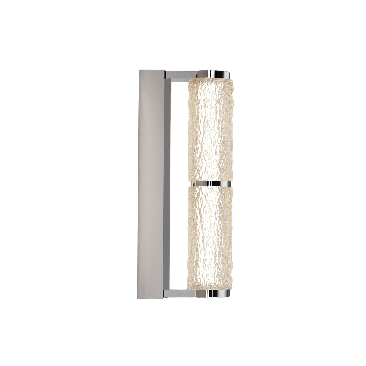 Applique murale Love 31 cm vue de côté avec ses deux tubes en acrylique à relief tenus par une platine chromée