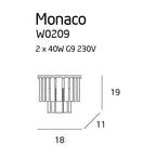 Croquis coté de l'applique murale Monaco largeur 18 cm hauteur 19 cm profondeur 11 cm pour 2 ampoules G9 de 40 W