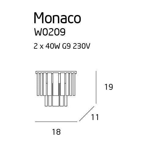 Croquis coté de l'applique murale Monaco largeur 18 cm hauteur 19 cm profondeur 11 cm pour 2 ampoules G9 de 40 W