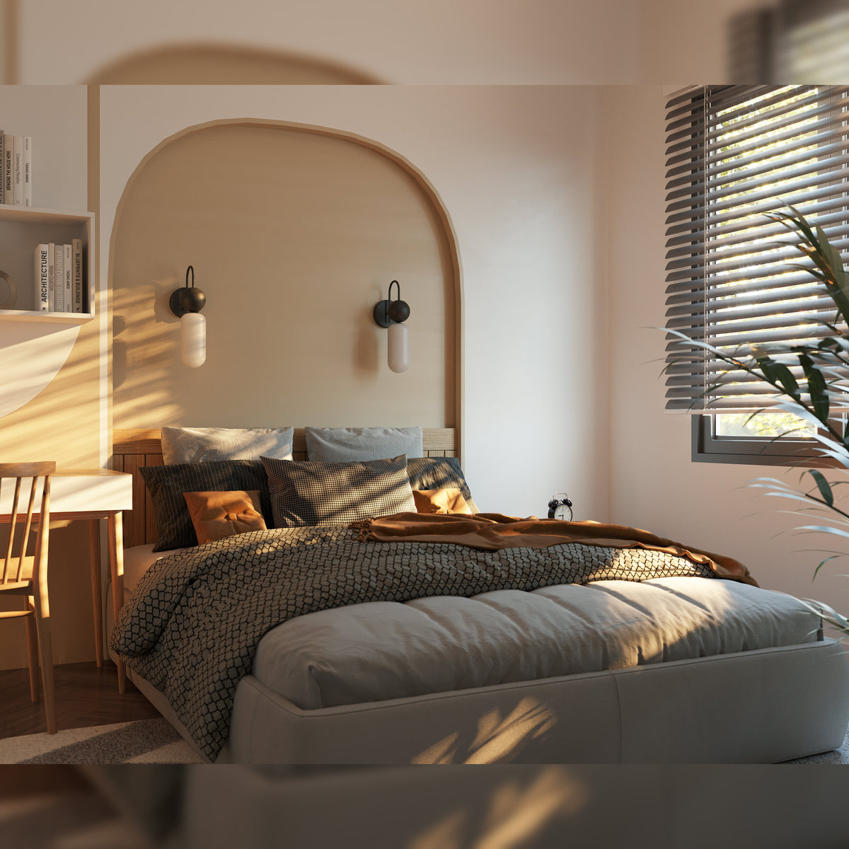 Deux appliques Nova métal noir de part et d'autre d'un lit dans une niche en arche