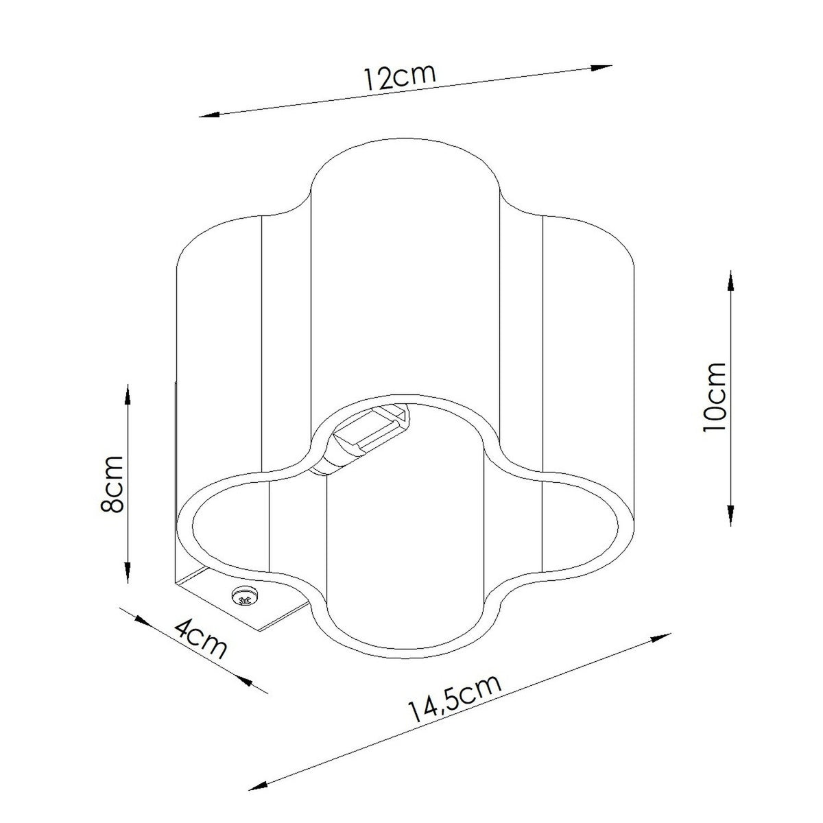 Croquis coté de l’applique Ovio avec sa hauteur sa largeur sa profondeur et sa platine
