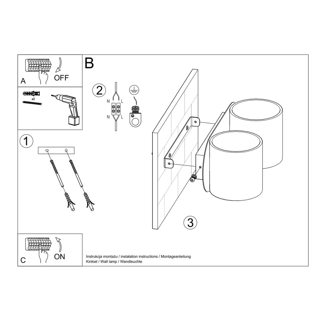 Schéma de montage mural de l'applique murale Orbis 2 en aluminium blanc, deux cylindres
