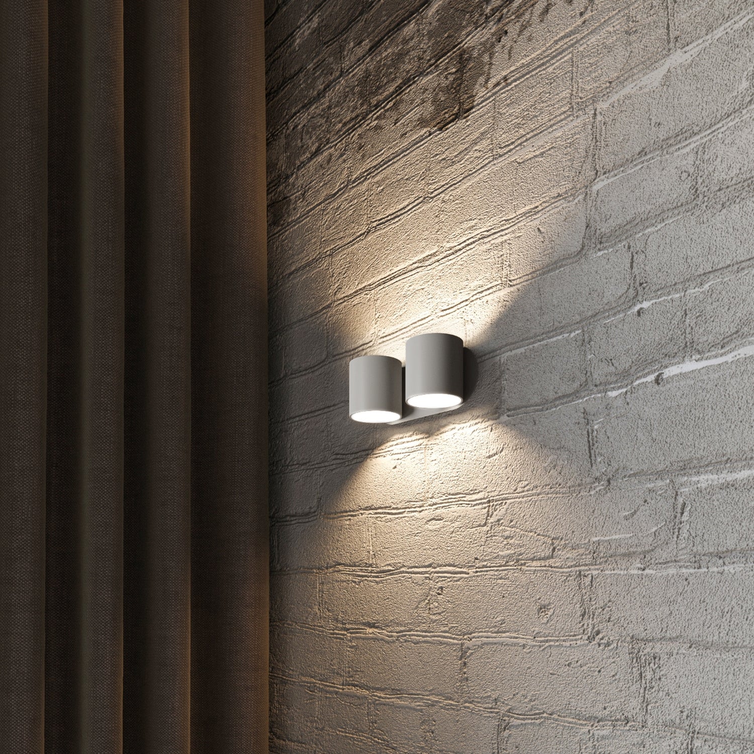 Applique murale Orbis 2 en aluminium gris, deux cylindres dans un intérieur contemporain