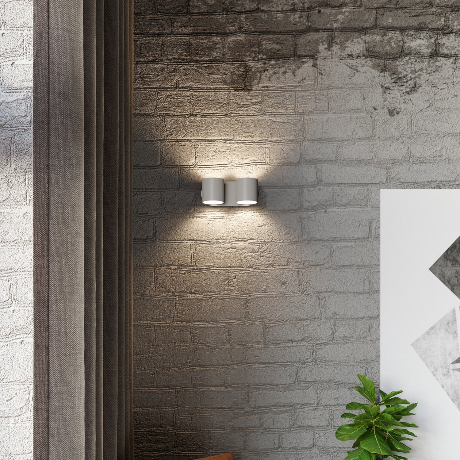 Applique murale Orbis 2 en aluminium gris, deux cylindres dans une pièce moderne