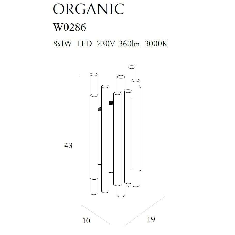 Croquis coté de l'applique murale Organic hauteur 43 cm largeur 19 cm profondeur 10 cm LED 8 W 360 lumens