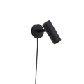 Applique murale Paris noire mat orientable, cylindre métal acier, câble noir, fond blanc