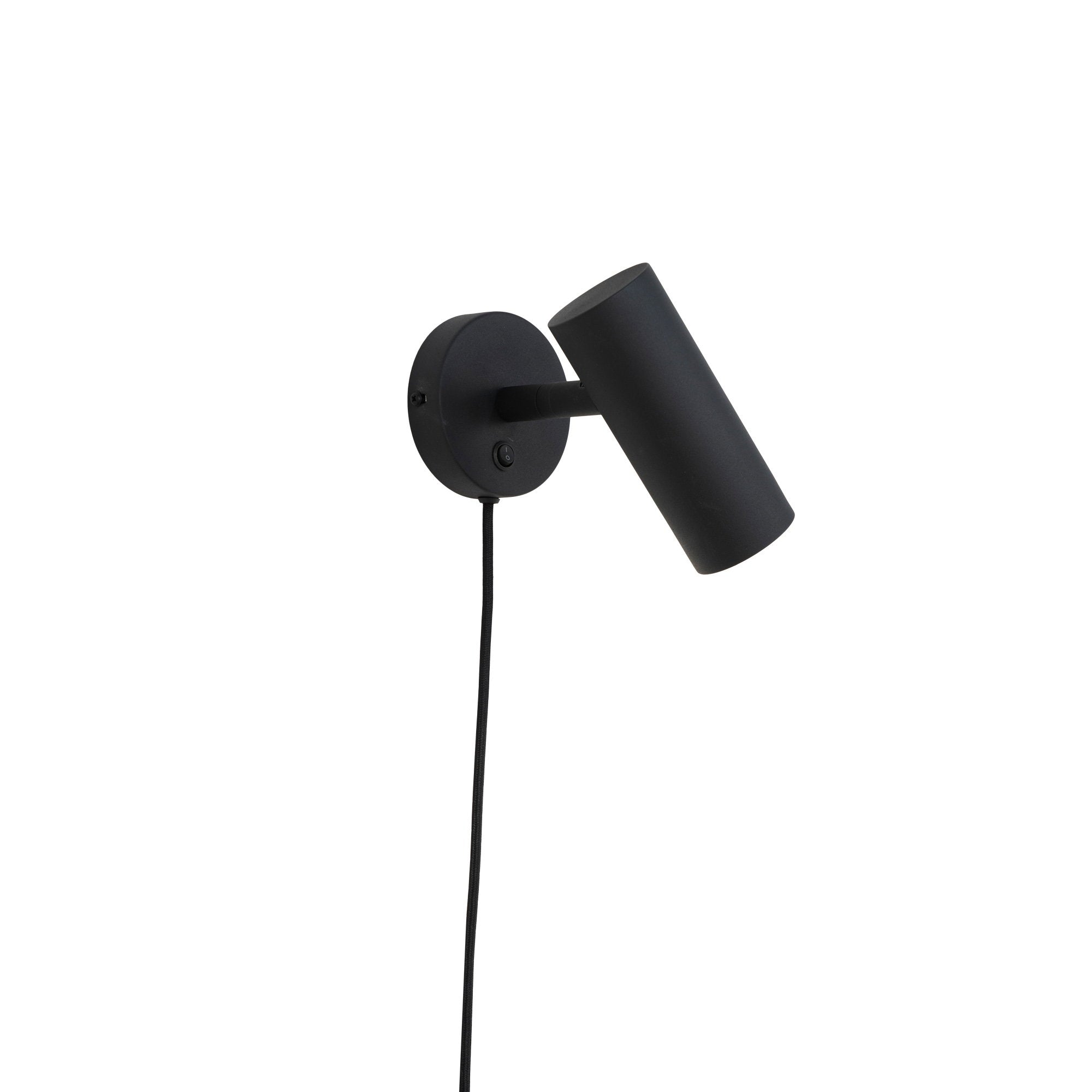 Applique murale Paris noire mat orientable, cylindre métal acier, câble noir, fond blanc