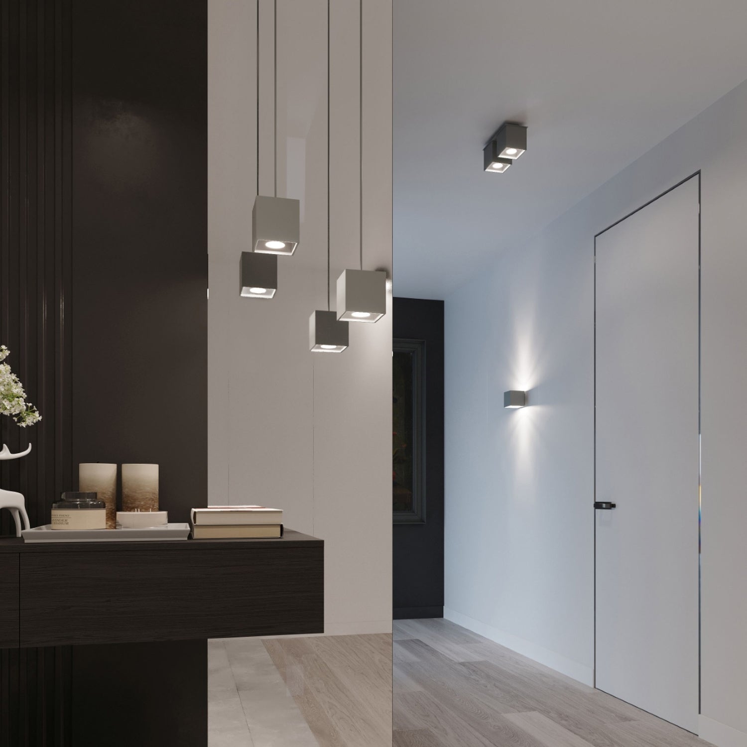 Applique murale Quad 1 aluminium gris détail de la lumière