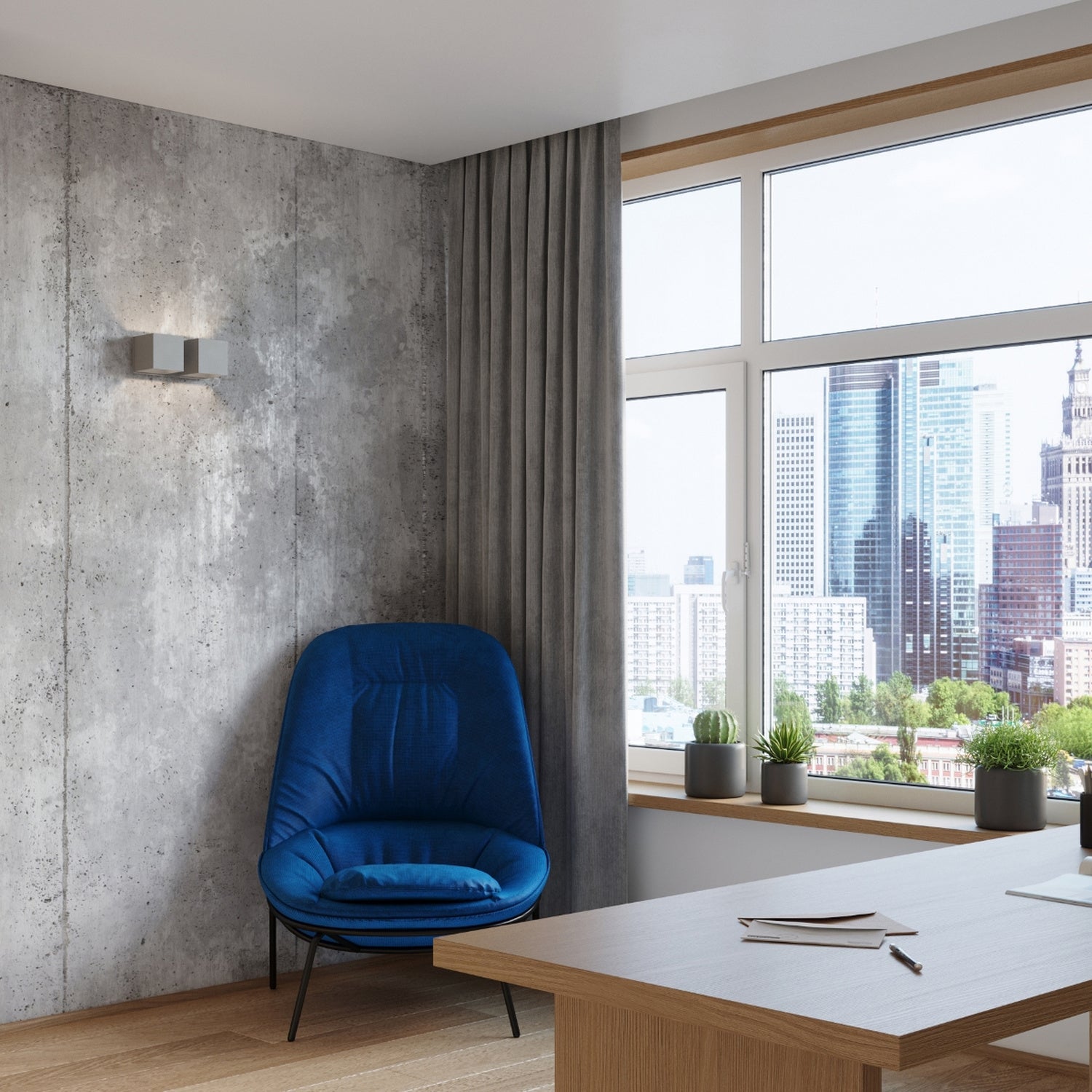 Applique murale Quad 2 en aluminium gris, deux cubes en situation dans un intérieur