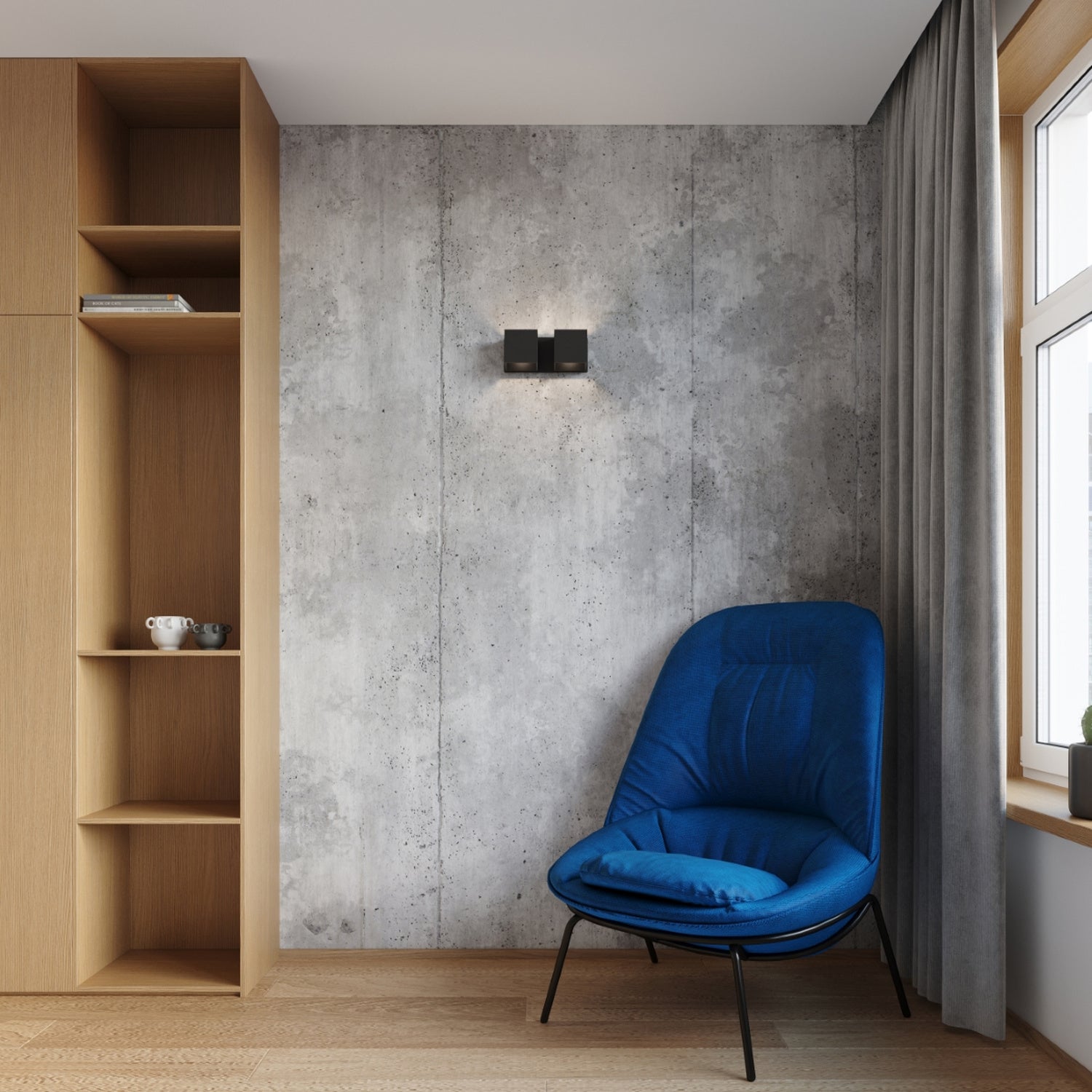 Applique murale Quad 2 en aluminium noir, deux cubes dans une pièce moderne