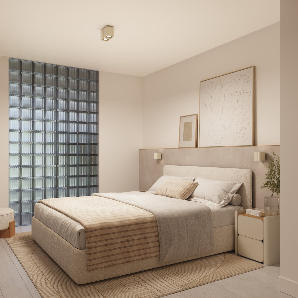 Chambre vue de côté avec deux appliques Riff laque beige au-dessus de la tête de lit