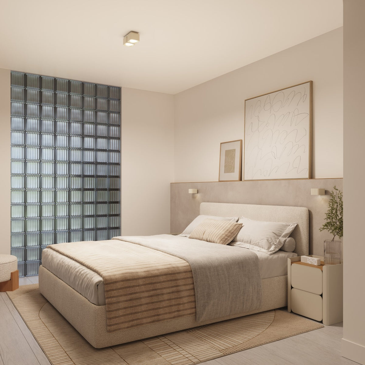 Chambre vue de côté avec deux appliques Riff laque beige au-dessus de la tête de lit