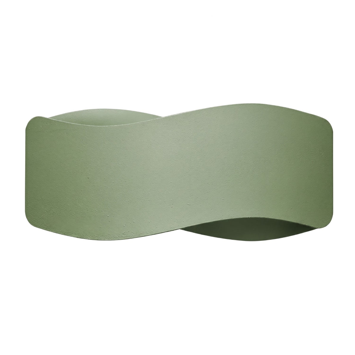 Applique murale Tila 30 laque vert olive vue de face sur fond uni avec son ruban d'acier ondulé ouvert en haut et en bas