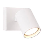 Applique murale Top I blanche vue de trois quarts avec sa tête cylindrique inclinée vers le bas