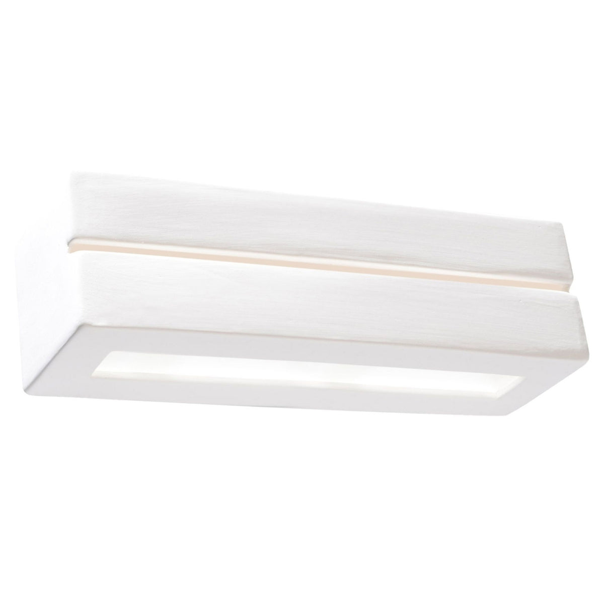 Applique murale Vega Line en céramique blanche vue de trois quarts avec sa fente et son diffuseur en verre