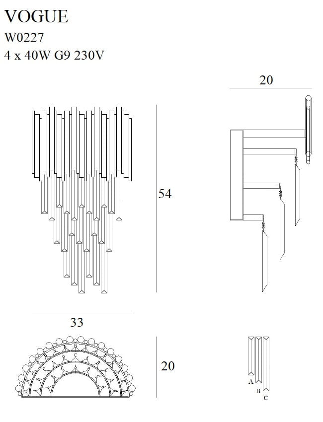 Dimensions Applique murale Vogue dorée G9